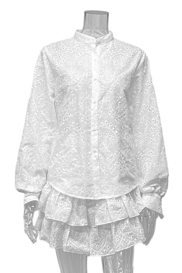 Hollow-out Jacquard Blouse Tiered Shorts Set