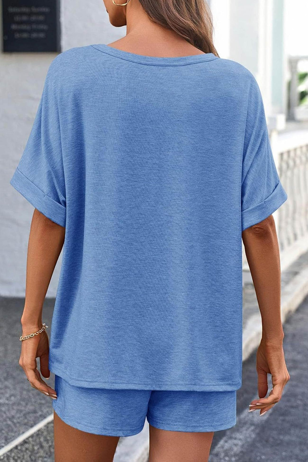Solid Color Bat Sleeve T-shirt Shorts Set