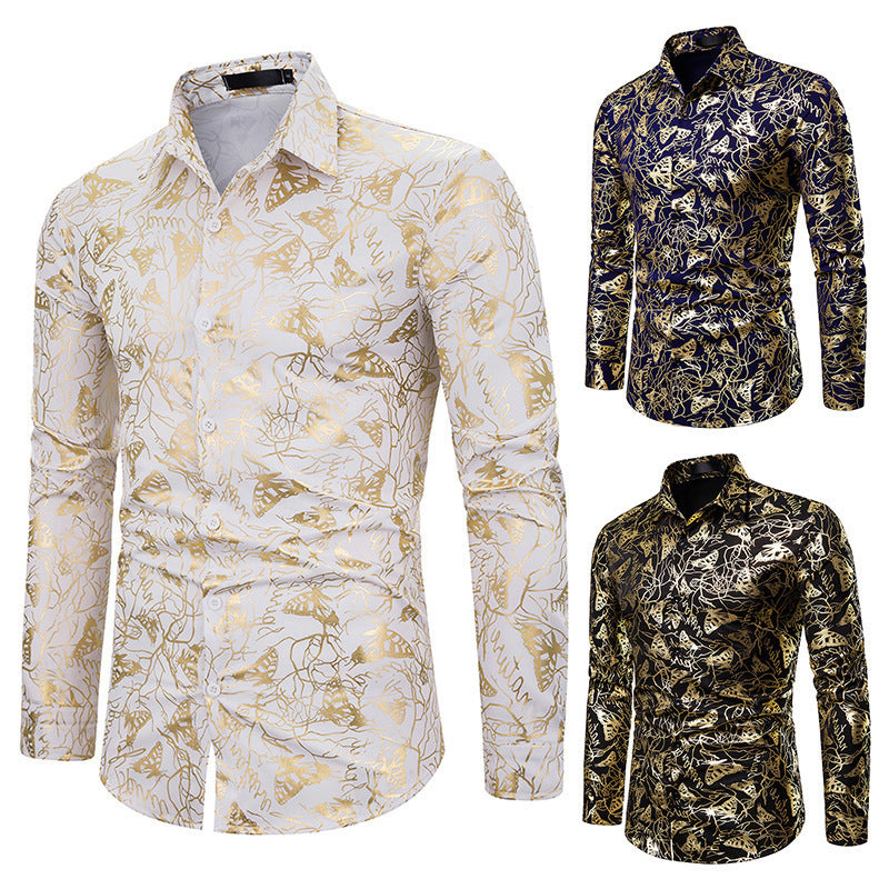 Men's lapel butterfly bronzing print long sleeve shirt men