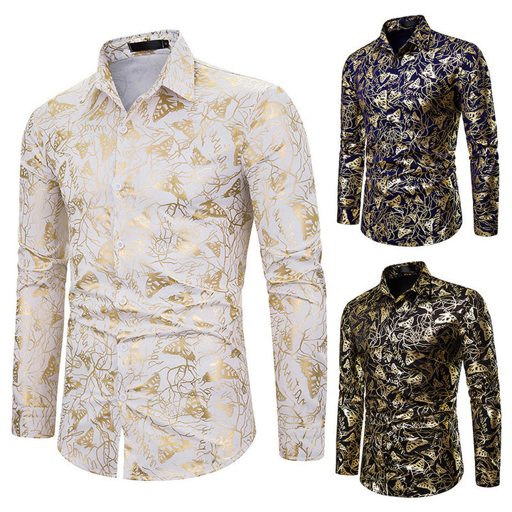 Men's lapel butterfly bronzing print long sleeve shirt men
