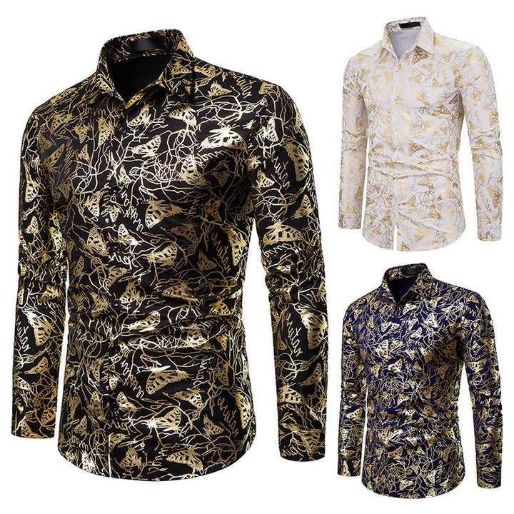 Men's lapel butterfly bronzing print long sleeve shirt men