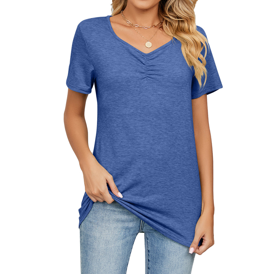 Women's Fashion V-neck Pleated Casual Solid Color Loose T-shirt