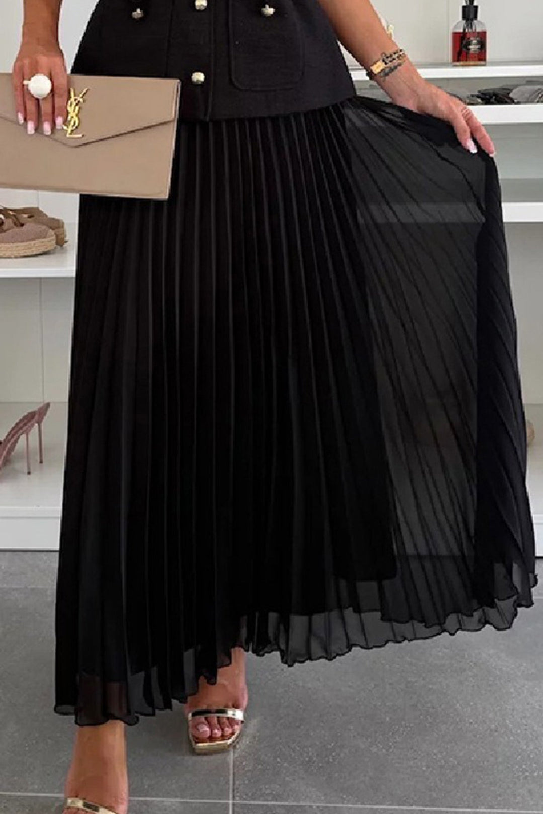 Button-down Tank Top Mesh Pleated Skirt Set