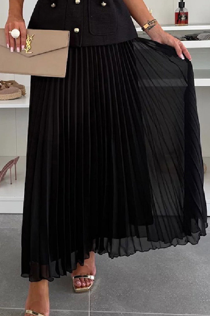 Button-down Tank Top Mesh Pleated Skirt Set