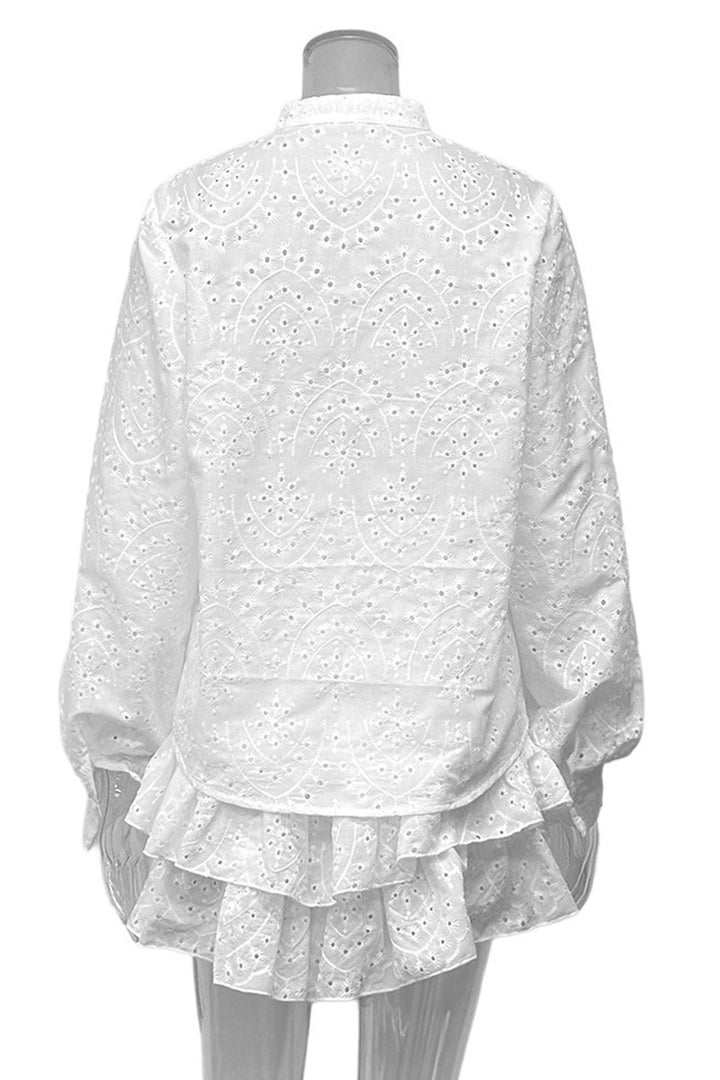 Hollow-out Jacquard Blouse Tiered Shorts Set