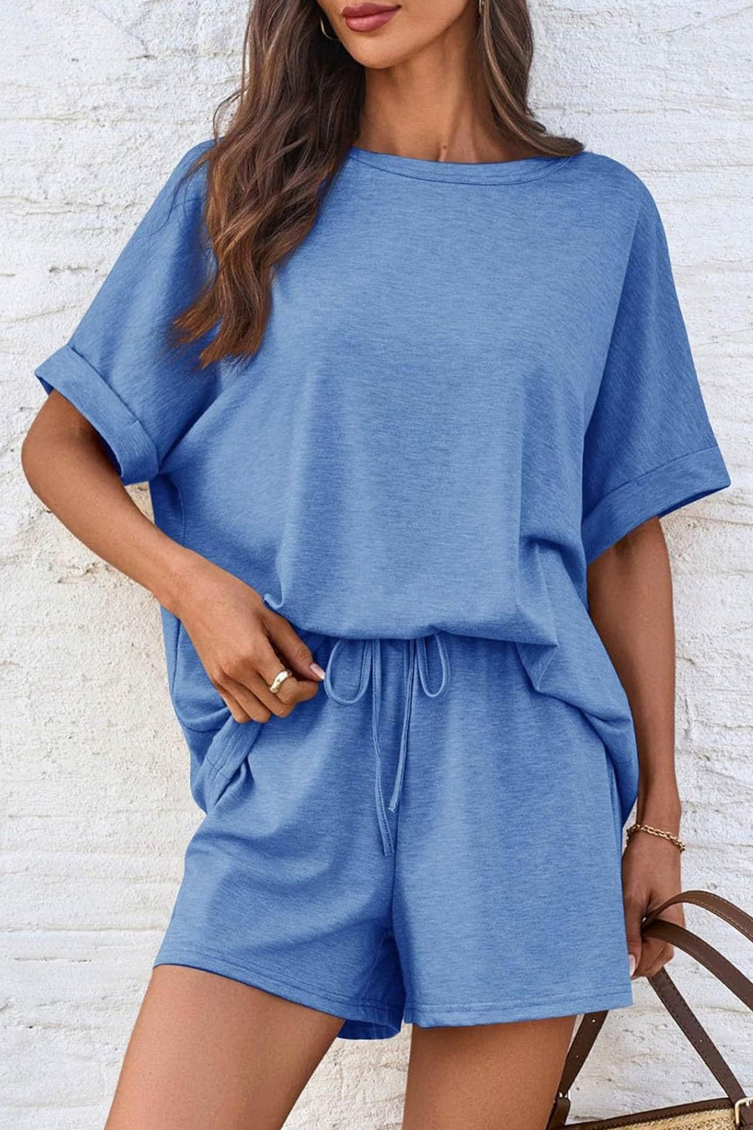 Solid Color Bat Sleeve T-shirt Shorts Set