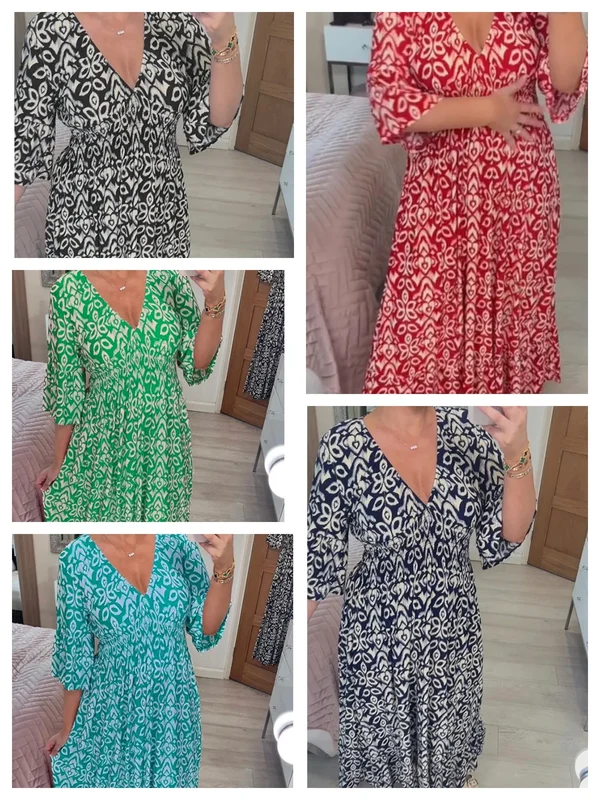 Clevecorner™ Bohemian casual print V-neck waist wrap long dress