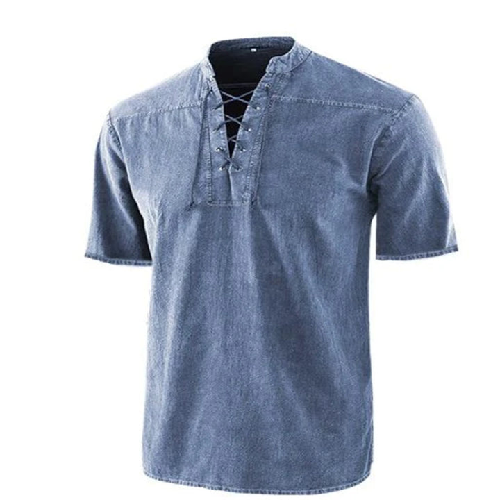 Men's Lace-up Stand-up Collar Casual Short-sleeved Shirt