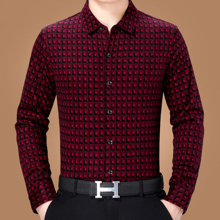 Middle-Aged Spring New Business Casual Plaid Long-Sleeved Shirt For Men