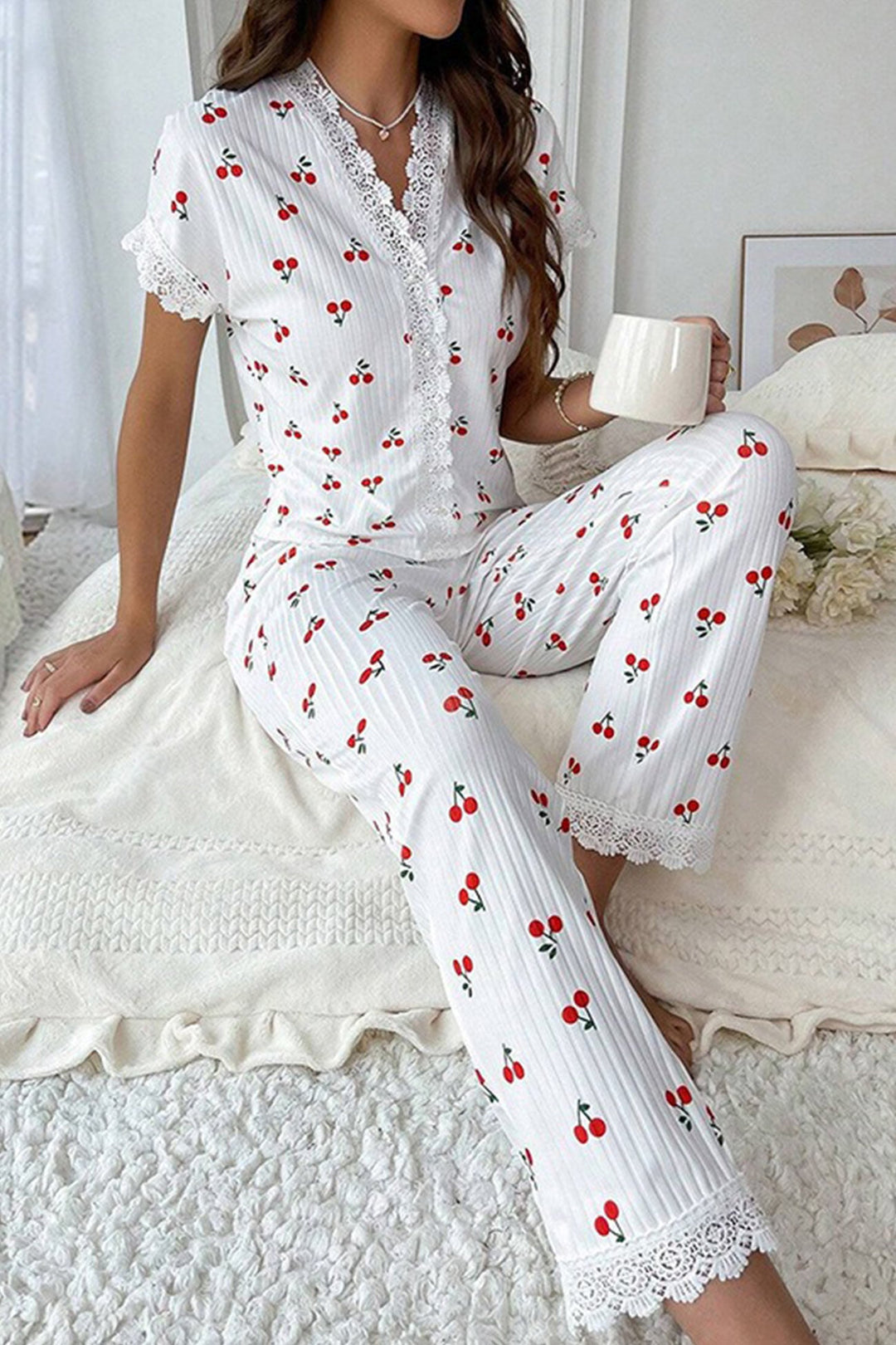 Lace Stitching Short-Sleeved Printed Loungewear
