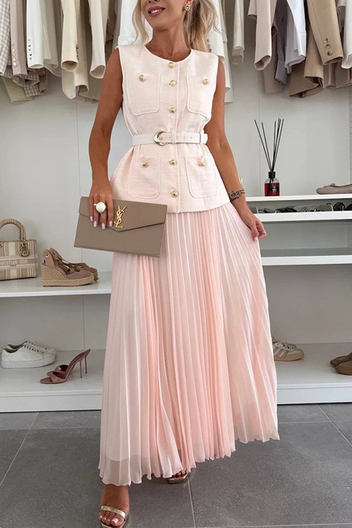 Button-down Tank Top Mesh Pleated Skirt Set
