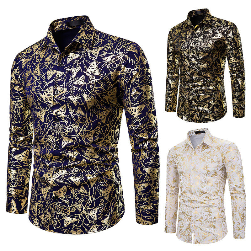 Men's lapel butterfly bronzing print long sleeve shirt men