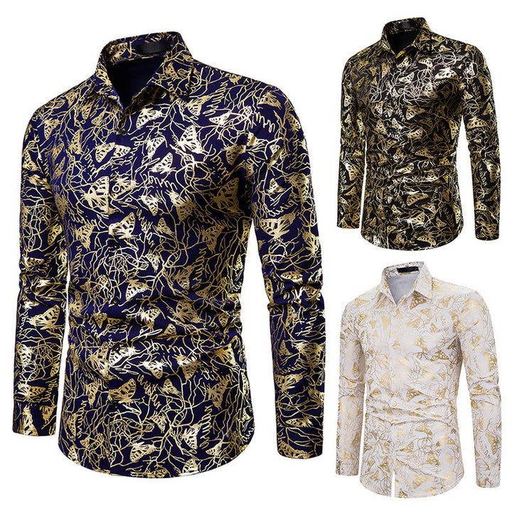 Men's lapel butterfly bronzing print long sleeve shirt men