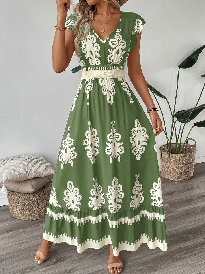 Trim Cap Sleeve Cinched Waist Ruffle Hem A-Line Dress