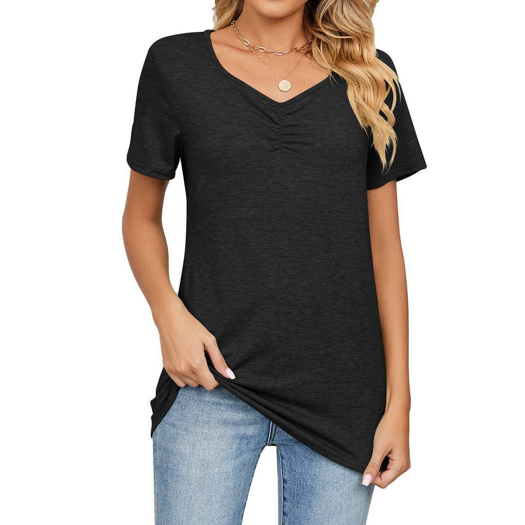Women's Fashion V-neck Pleated Casual Solid Color Loose T-shirt