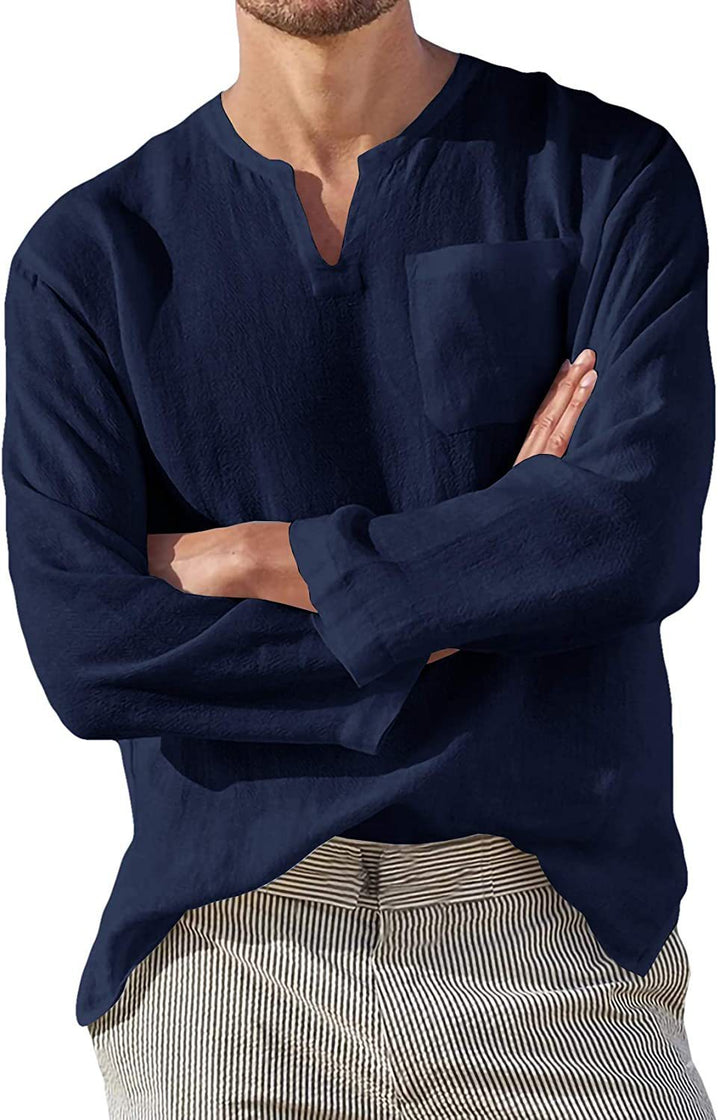 Long Sleeve V-neck Casual Beach Linen Shirt