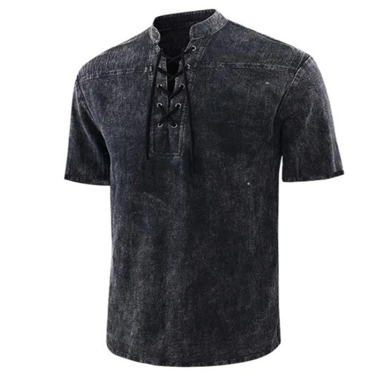 Men's Lace-up Stand-up Collar Casual Short-sleeved Shirt