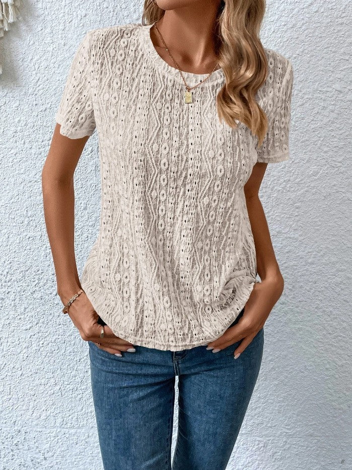 Hollowed Leisure Solid Color Round Neck T-shirt For Women