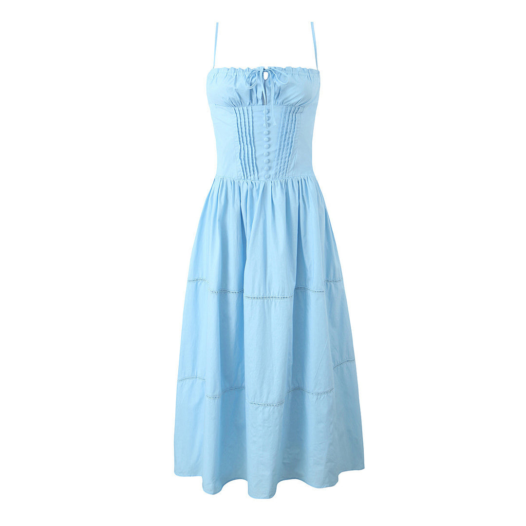 Women's French Suspender Long Dress Button Lace-up Temperament Slim Dress Summer Seaside Vacation Beach Dresses
