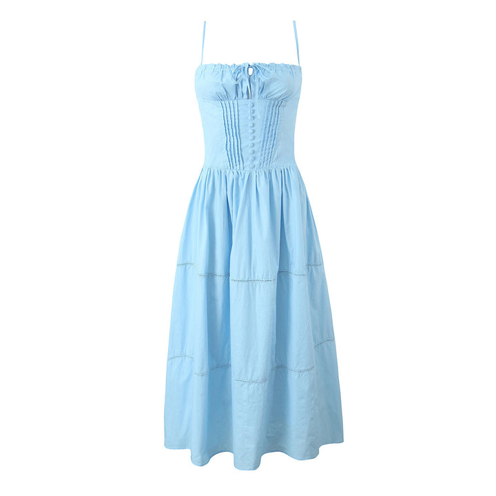 Women's French Suspender Long Dress Button Lace-up Temperament Slim Dress Summer Seaside Vacation Beach Dresses