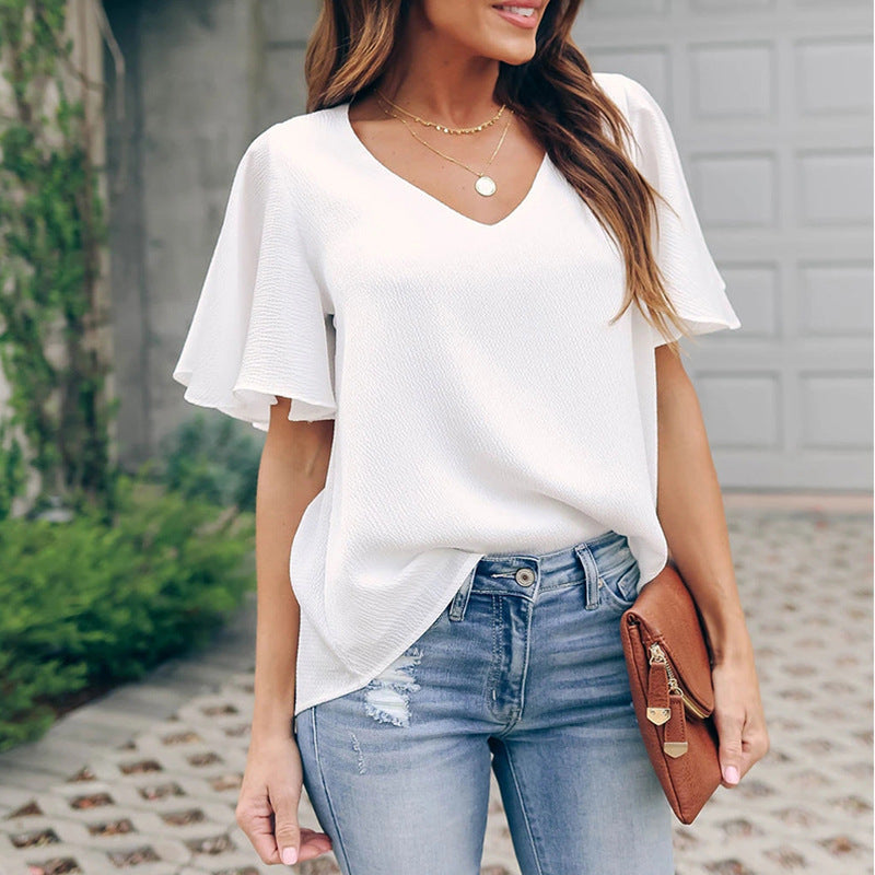 Loose V-Neck Ruffle Sleeve Casual Women's Top