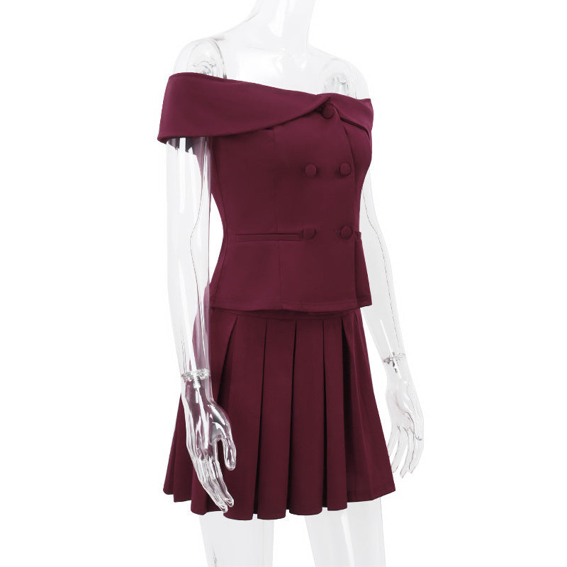 Elegant Suit Double-breasted Off-shoulder Top And Pleated Skirt Women