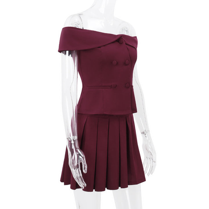 Elegant Suit Double-breasted Off-shoulder Top And Pleated Skirt Women