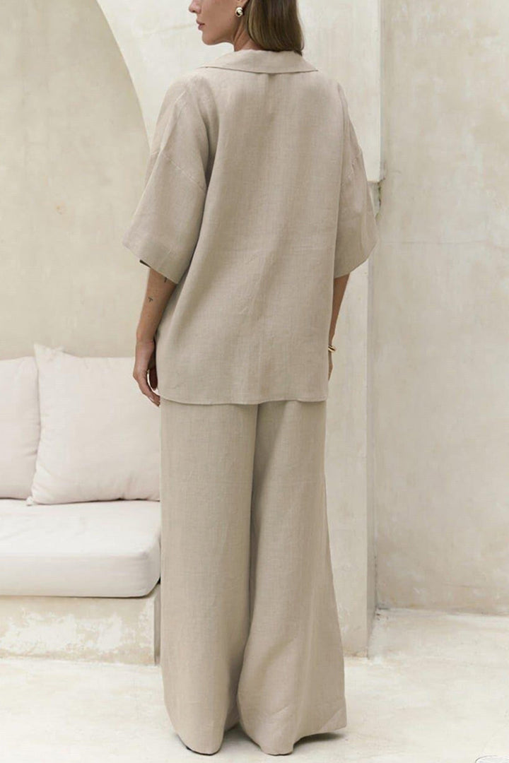 Solid Color Cotton Half Sleeve Blouse Pants Set