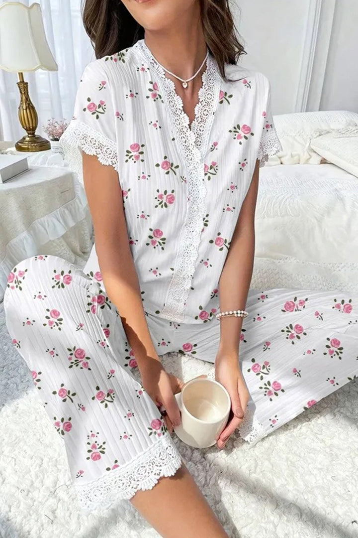 Lace Stitching Short-Sleeved Printed Loungewear