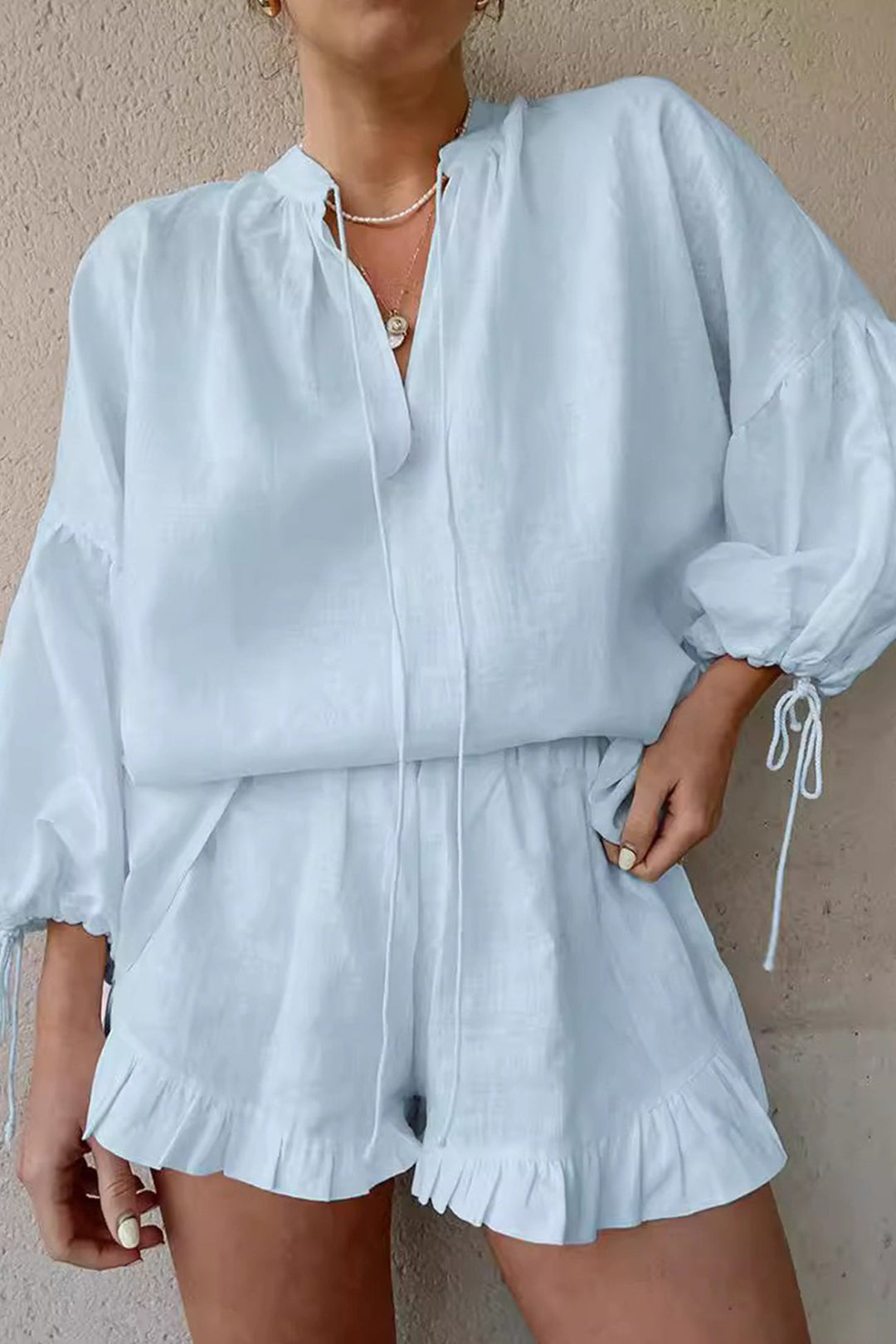 V-neck Lantern Sleeve Cotton Shirt Set