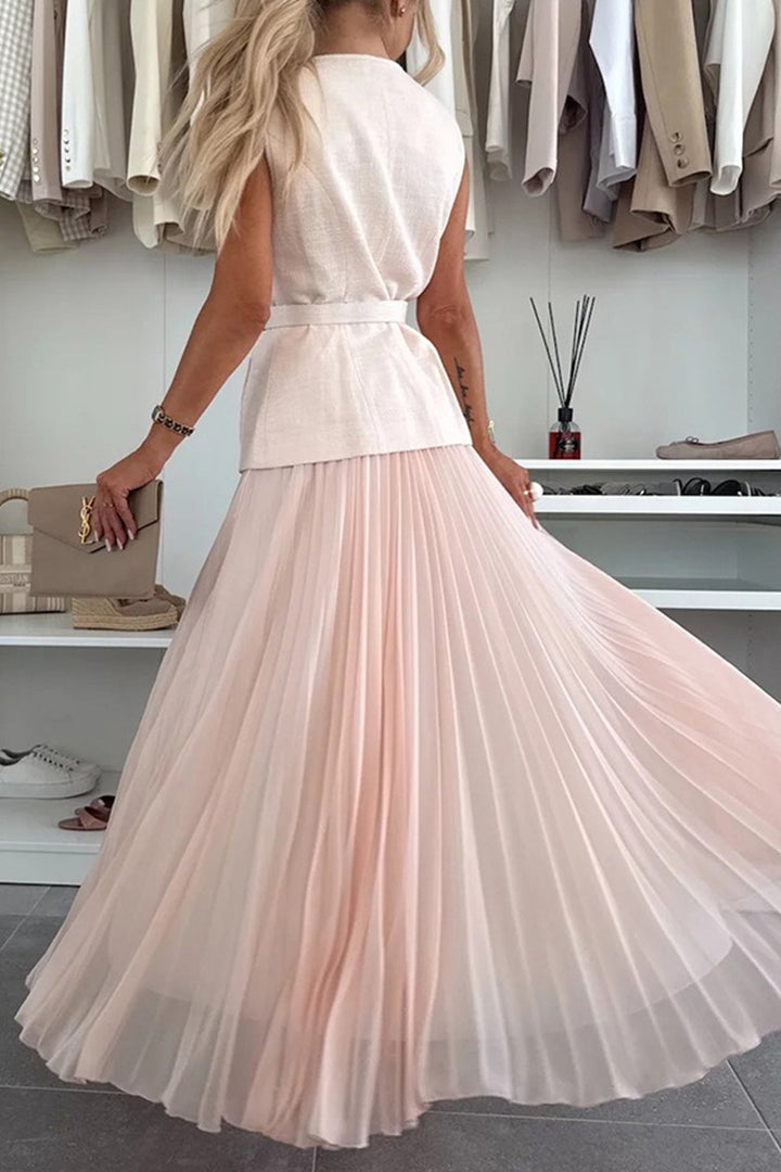 Button-down Tank Top Mesh Pleated Skirt Set