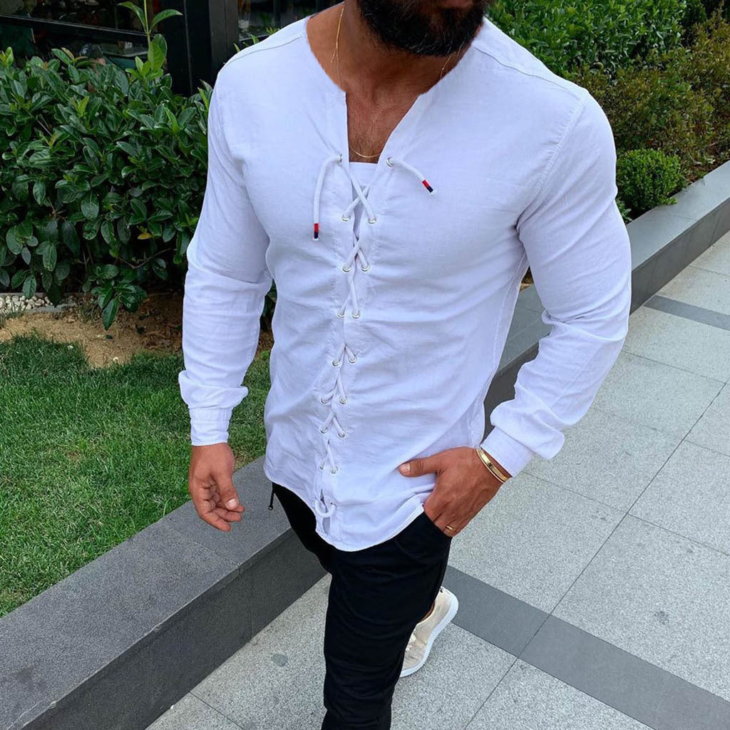 Tie up cardigan stand collar cotton and hemp shirt T-shirt