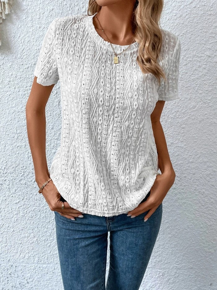 Hollowed Leisure Solid Color Round Neck T-shirt For Women