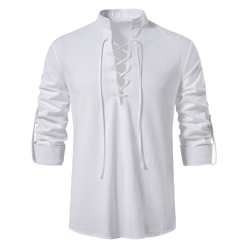 Men's Cotton Linen Long Sleeve Casual Stand Collar Shirt
