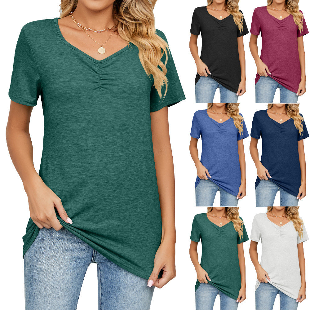 Women's Fashion V-neck Pleated Casual Solid Color Loose T-shirt
