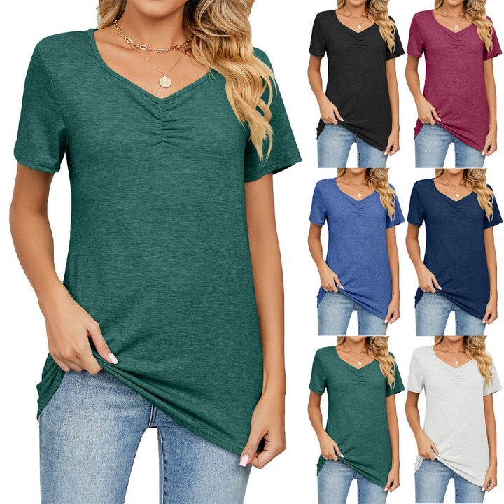 Women's Fashion V-neck Pleated Casual Solid Color Loose T-shirt