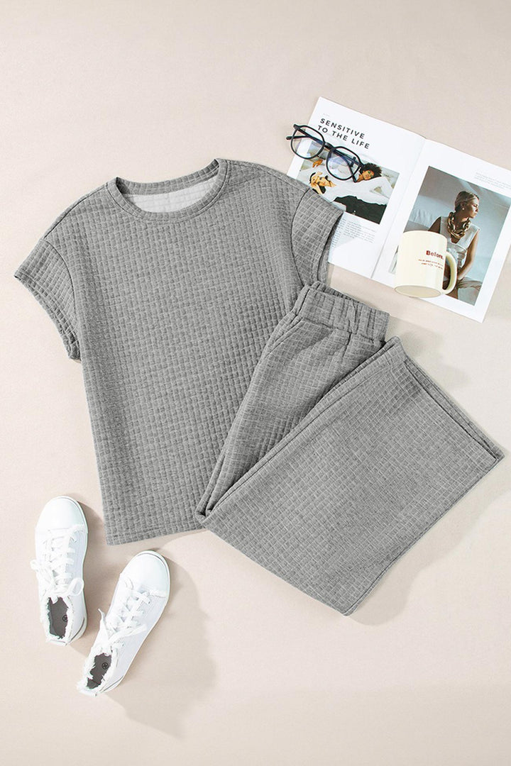 Solid Color Lattice Texture T-shirt Pants Set