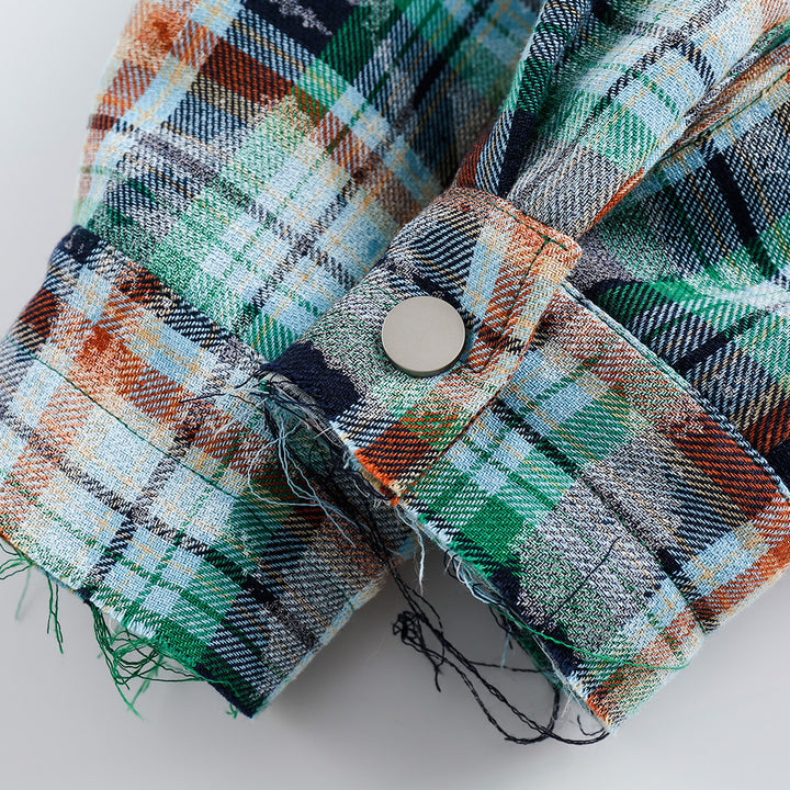 Distressed Plaid Long-sleeved Shirt For Men