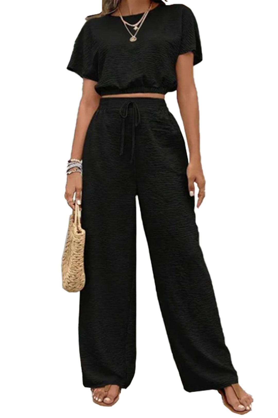Batwing Sleeve Drawstring Straight Long Pants Set