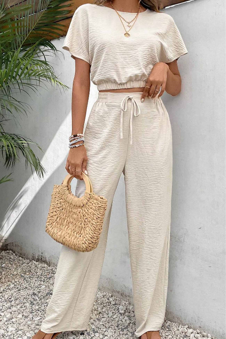 Batwing Sleeve Drawstring Straight Long Pants Set