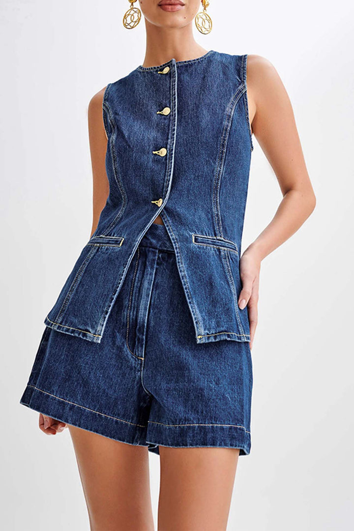Button Down Tank Tops Shorts Denim Set
