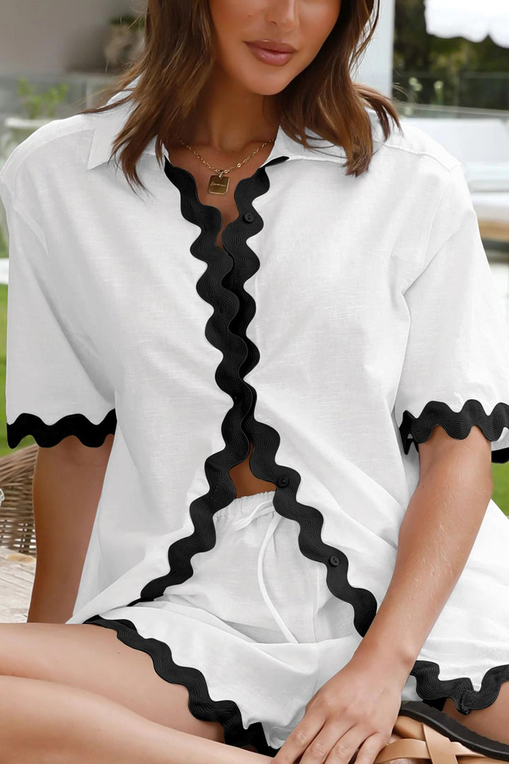 Contrast Wavy Shirt Two-piece Shorts Set