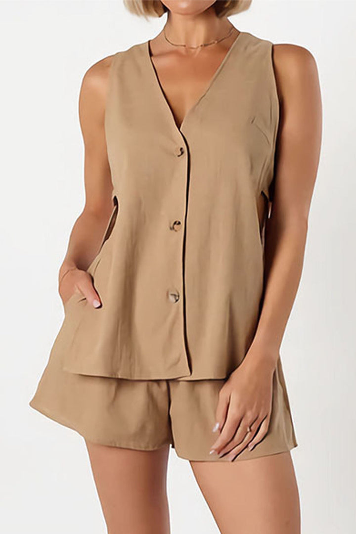 Cotton Cutout Sleeveless Button Shorts Set