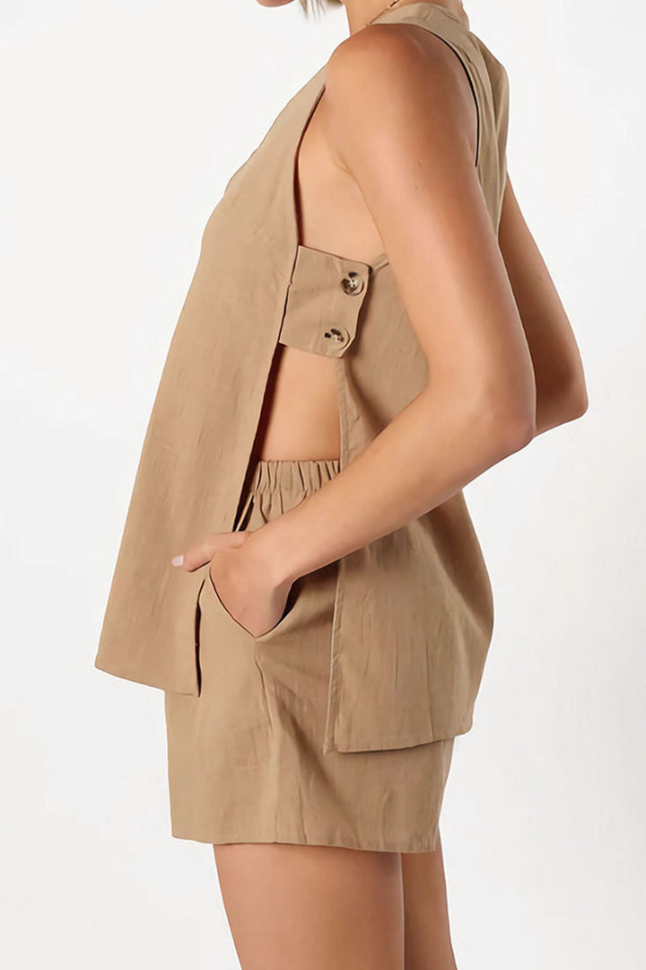 Cotton Cutout Sleeveless Button Shorts Set