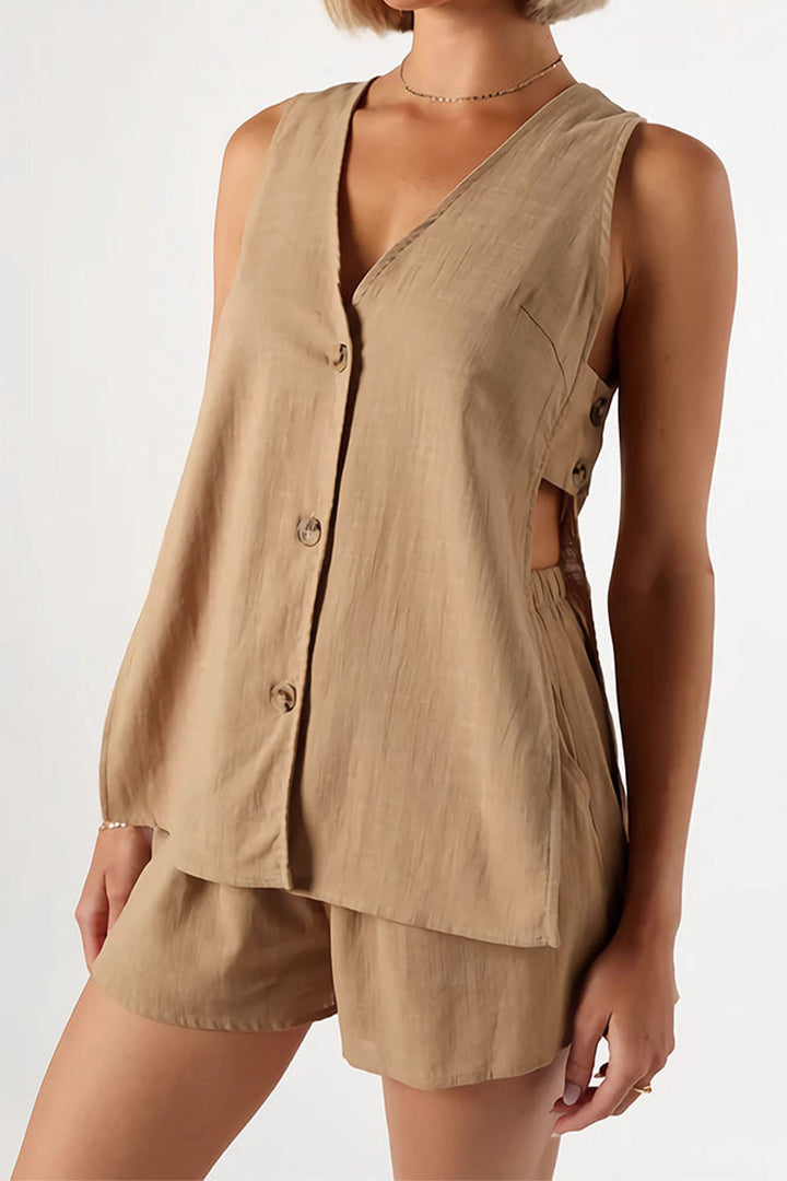 Cotton Cutout Sleeveless Button Shorts Set