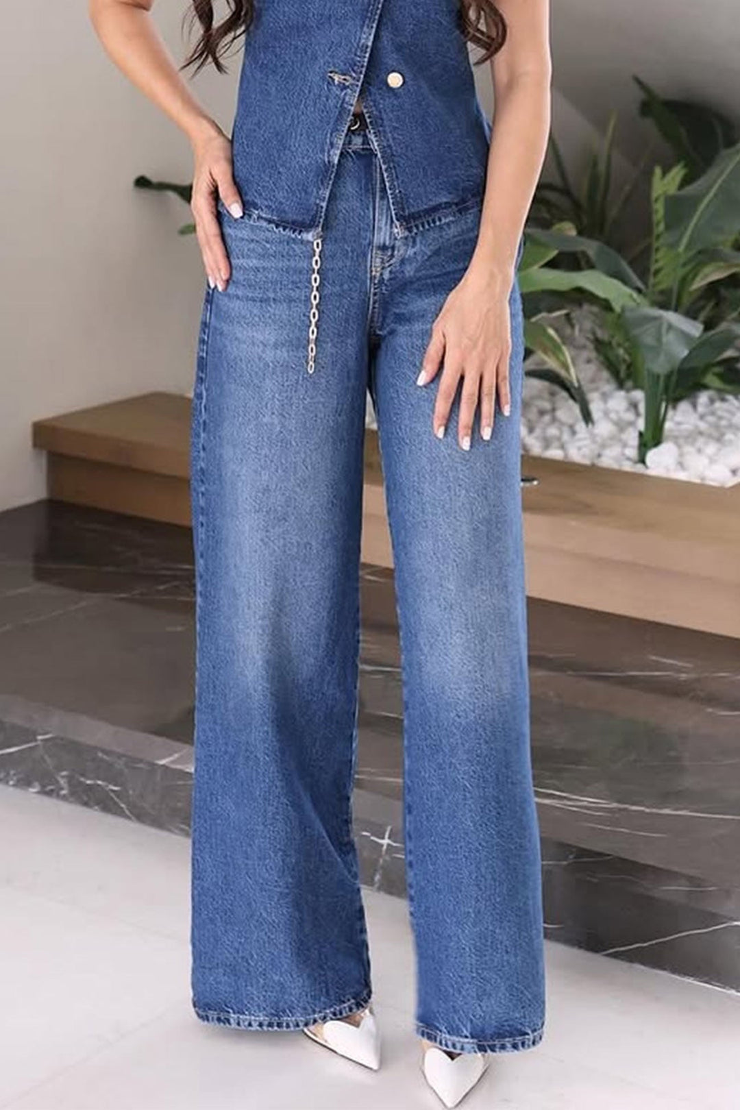 Denim Tank Top Wide Leg Jeans Set