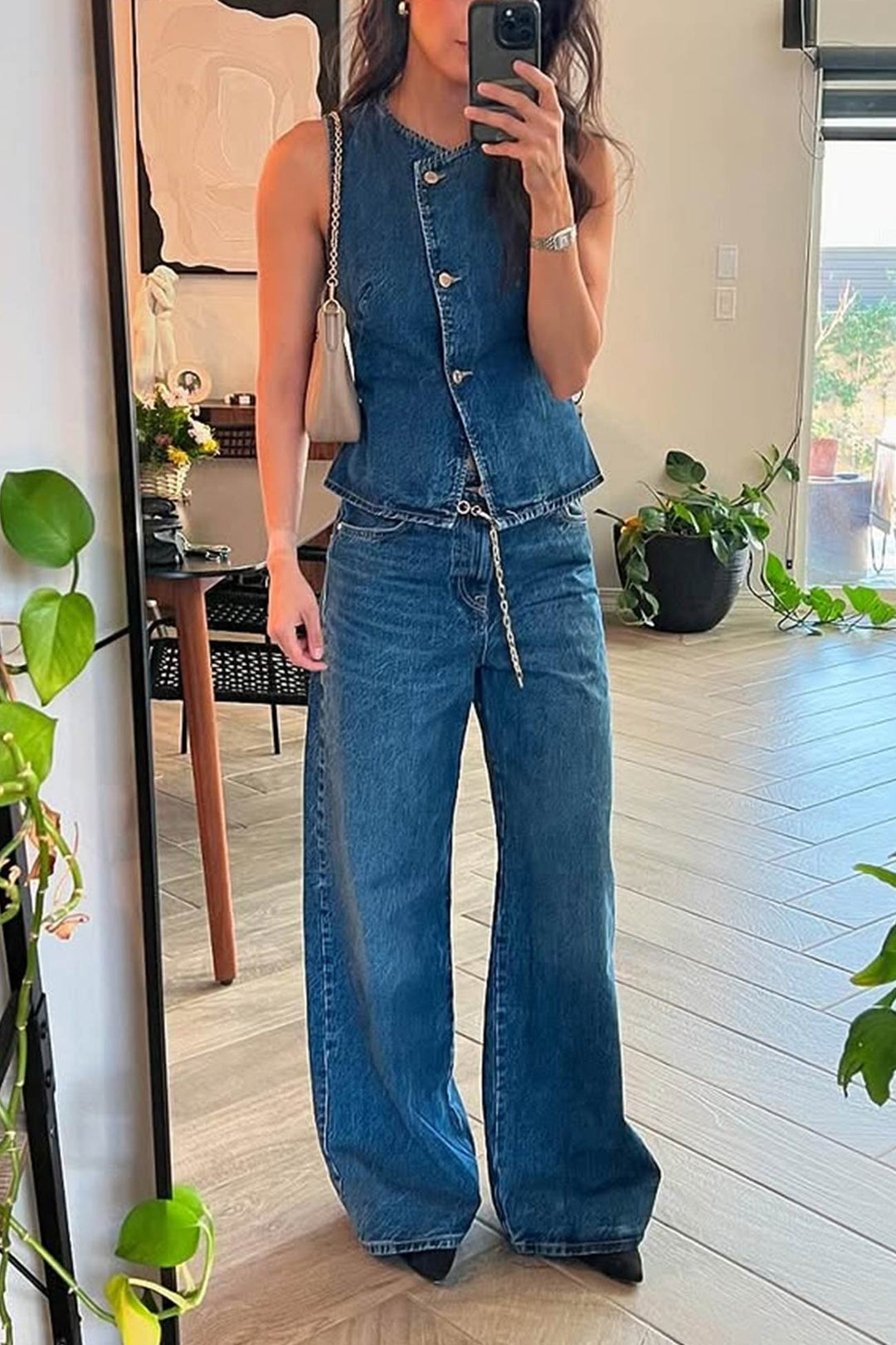 Denim Tank Top Wide Leg Jeans Set