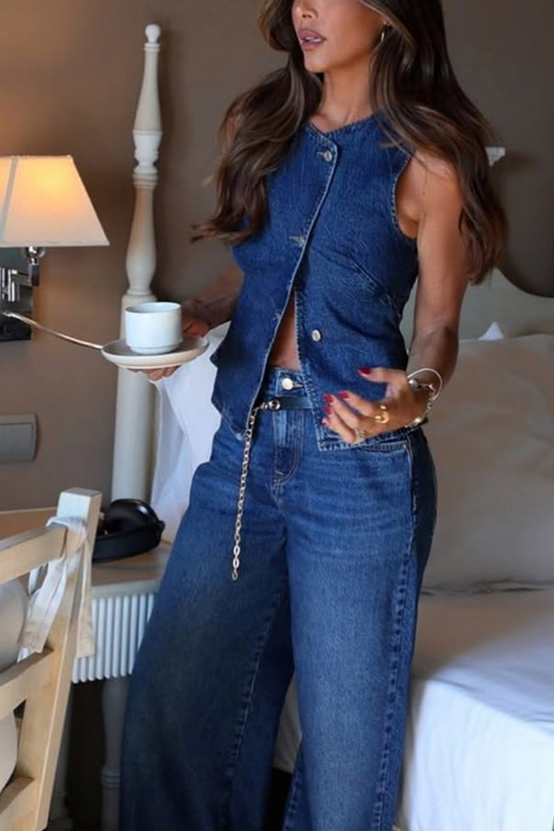 Denim Tank Top Wide Leg Jeans Set