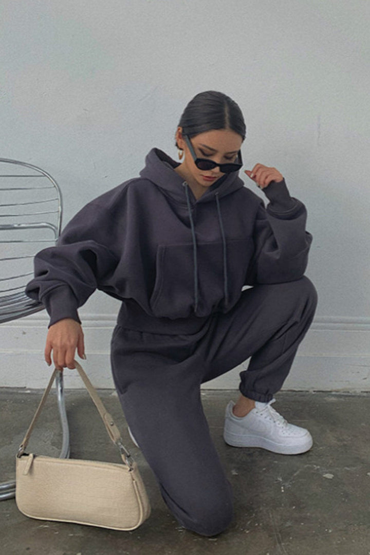 Drawstring Hoodie Crop Top & Jogger Pants