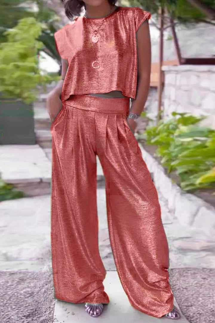 Glossy Vest Wide Leg Pants Set